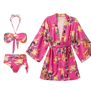2023 Sexy Push Up Floral Print Women Bikini Set with Beach Dress Cover Up Swimsuit Silk Cardigan Summer Beachwear Swimwear