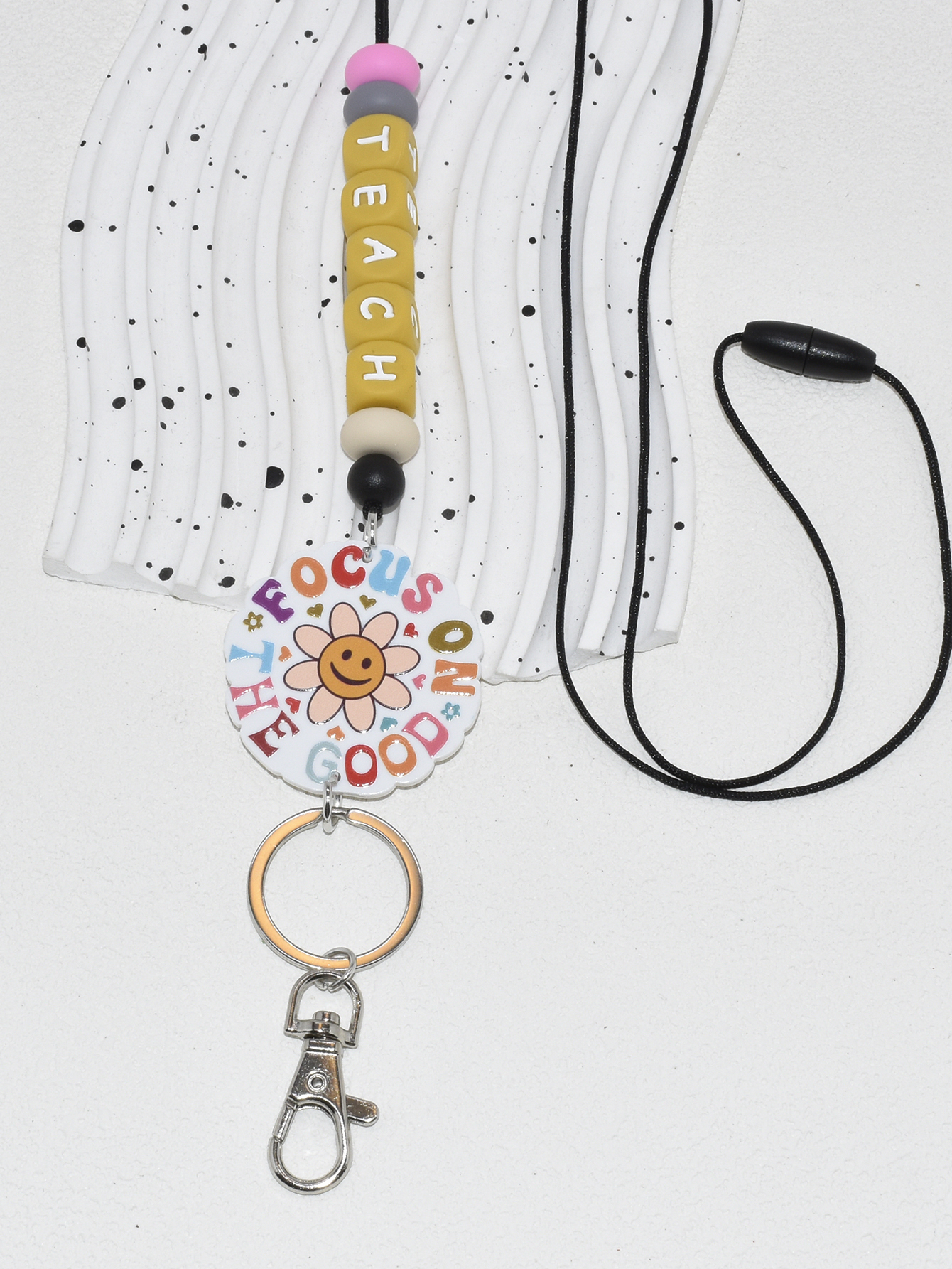Hot Selling Rainbow Silicone Beads Keychain Lanyard Necklace Student Teacher Beaded ID Badge Lanyard Image 5