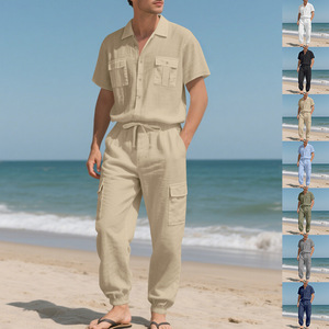 <span class=keywords><strong>Ensemble</strong></span> décontracté d'été pour <span class=keywords><strong>homme</strong></span> : chemise boutonnée à manches courtes respirante avec poches cargo et pantalon long de jogging – <span class=keywords><strong>Ensemble</strong></span> deux pièces - Product Image 2