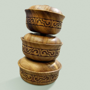 Acacia Wood Ethnic Style Covered Bowl Set With Lid Round Food Storage <b>Container</b> For Coffee Tea And Others Large Medium <b>Small</b> - Product Image 1