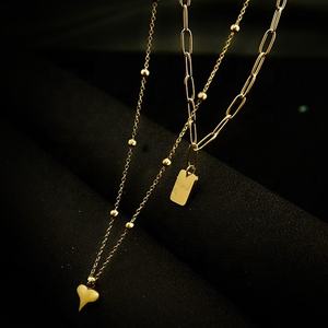 น่ารัก Party สแตนเลสสตีลหัวใจและจี้รูปสี่เหลี่ยมผืนผ้า Double Layer สร้อยคอ - Product Image 3