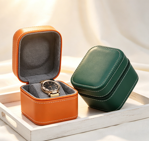 Boîte de rangement pour montre unique haut de gamme, faite à la main, en similicuir délicat, base rigide, orange, vert foncé, deux options de couleur, boîte magnétique - Product Image 5