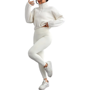 Großhandel Damen 3-teiliges Yoga-Outfit Halbreißverschluss Fleece Crop Top Sport-BH Hochtaillierte Leggings Fitness Outdoor Aktivanzug mit Anpassbarem Logo - Product Image 5