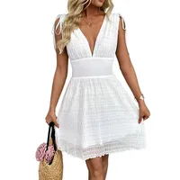 Robe d'été blanche unie à col en V sans manches coupe ajustée pour femme, style décontracté pour les vacances, ODM avec faible MOQ