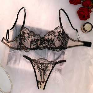 Wholesale Women's Floral Embroidery <b>Sheer</b> Mesh <b>Bra</b> and Thong Set Underwire Lace Lingerie Set Comfortable Sexy <b>Bra</b> Set OEM ODM - Product Image 2
