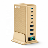 Pengisi Daya GaN 380W 8-Port Stasiun Pengisian Multi-Perangkat, 2xPD100W 3xPD30W 3xUSB-A QC30W, Layar LED, 100-240V, CE UKCA