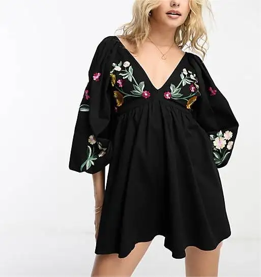 OEM Fashionable Women's smock romper with embroidered sleeves in black deep v neck casual mini dresses