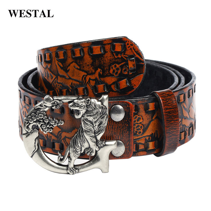 Sabuk Kulit Asli Gesper Otomatis untuk Pria, Sabuk Kulit Asli Gesper  Harimau Timbul Retro untuk Pria