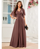 Robe de soirée longue en mousseline de soie haut de gamme, couleur unie, manches papillon, détail plissé sur le devant, coupe trapèze, pour dîners, mariages et fêtes