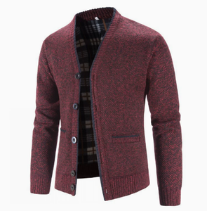 <b>Men's</b> Knit <b>Cardigan</b> Sweater V Neck Button Front Plaid Lined <b>Long</b> Sleeve Fall Winter Outerwear - Product Image 2