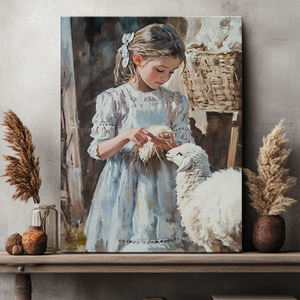 لوحة مزرعة عتيقة: جدارية قماشية مطبوعة بنمط الفتاة والضأن ، مثالية لديكور المنزل السميك بغرفة المعيشة - Product Image 3