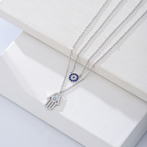 Collares <span class=keywords><strong>de</strong></span> <span class=keywords><strong>Plata</strong></span> <span class=keywords><strong>de</strong></span> Ley 925 al por Mayor, Joyería Fina, Colgante <span class=keywords><strong>de</strong></span> <span class=keywords><strong>Hamsa</strong></span> y Ojo Turco en Capas con Cadena para Clavícula - Product Image 3