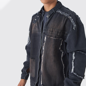 Chaqueta Moto Negra Oversize con Lavado Ácido y Efecto Desgastado, 100% Poliéster, Sin Cuello, con Patrón de Letras, Servicio OEM para Hombre - Product Image 3