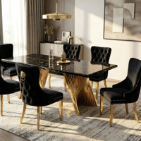 Table à manger rectangulaire moderne avec plateau en verre trempé, base en métal à lattes torsadées dorées, table à manger minimaliste pour la salle à manger à domicile