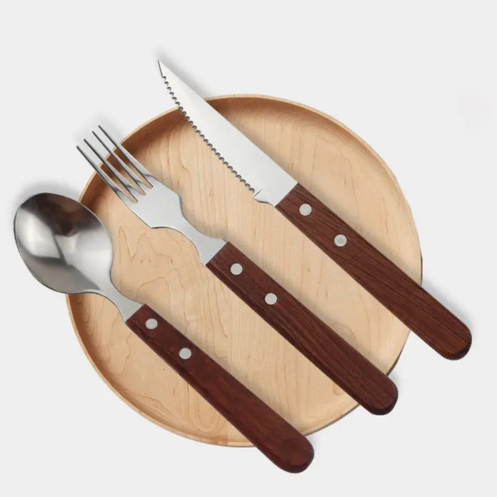 Gk Color madeira lidar com aço inoxidável Meat Fork bife facas 3pcs, venda direta da fábrica jacarandá louça colher garfo talheres conjunto