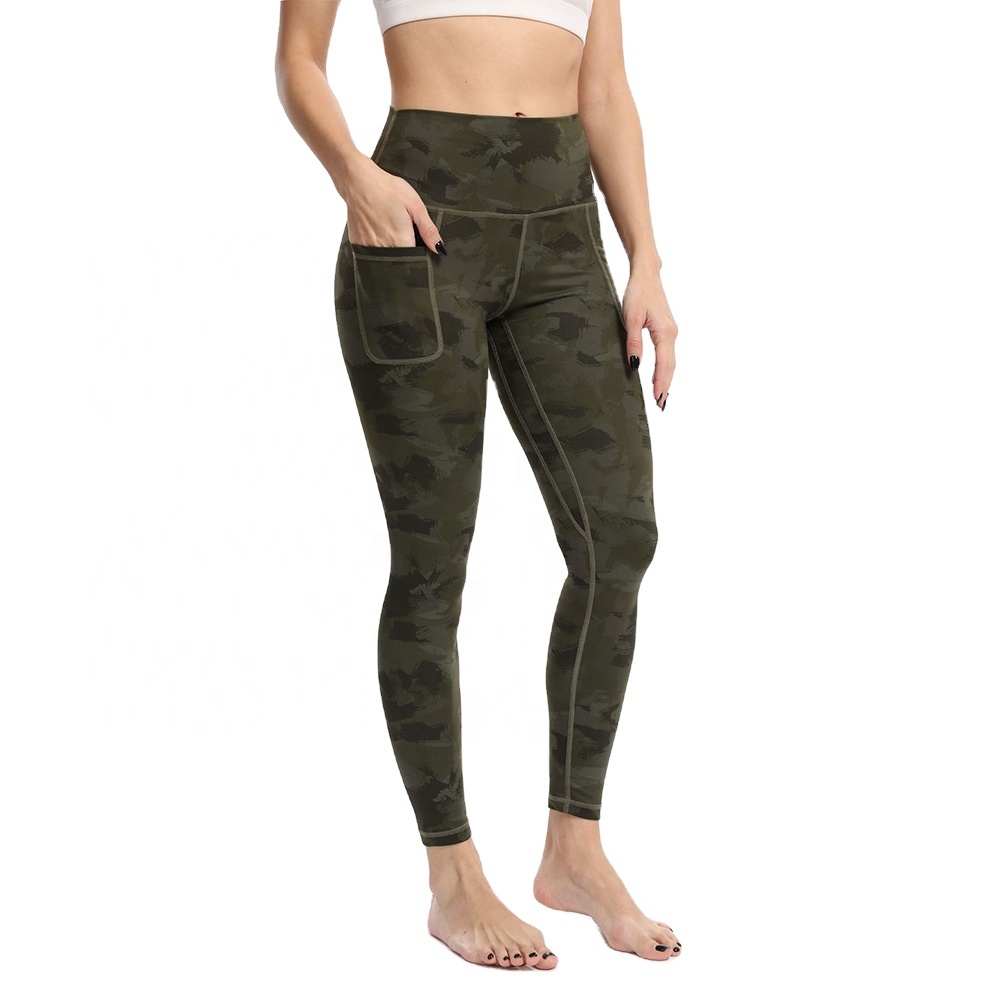 Quân Đội Màu Xanh Lá Cây Camo In Chải Mặt Side Pockets Phụ Nữ Yoga Quần Mông Nâng Nylon Workout Legging Naked Cảm Giác Phòng Tập Thể Dục Vớ