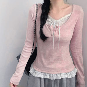 T-shirt en tricot à manches longues pour femme, style patchwork en dentelle à blocs de couleur, faux deux pièces, doux, décontracté, tendance, polyvalent - Product Image 2