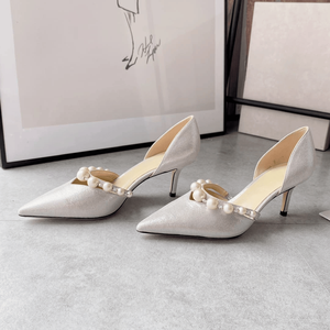 <b>White</b> Patent Leather Pointed Toe Pumps with Pearl Strap for Women Bridal and Party - Product Image 3