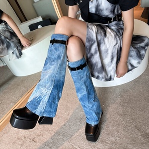 Large Size 46 Wide Fit Buckles Overlay Shoes Women High Block Heels Knee High Platform <b>Boots</b> Folded Over Denim Long Booties - Product Image 1