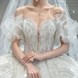 French Lace Beaded Mesh Panel Wedding Dress Gorgeous Sexy Bride Ball Gown Wedding Dress