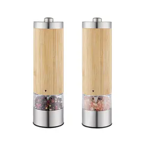 New design bamboo electric automatic salt and pepper grinder set electrical spice mill with LED light