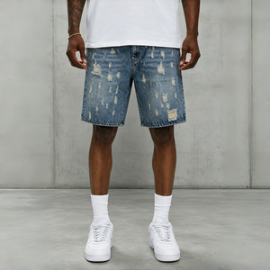 Men Fashion Light Wash Destroyed Denim Shorts Loose Straight Leg Distressed Street Style Casual Summer <b>Jeans</b> - Product Image 1