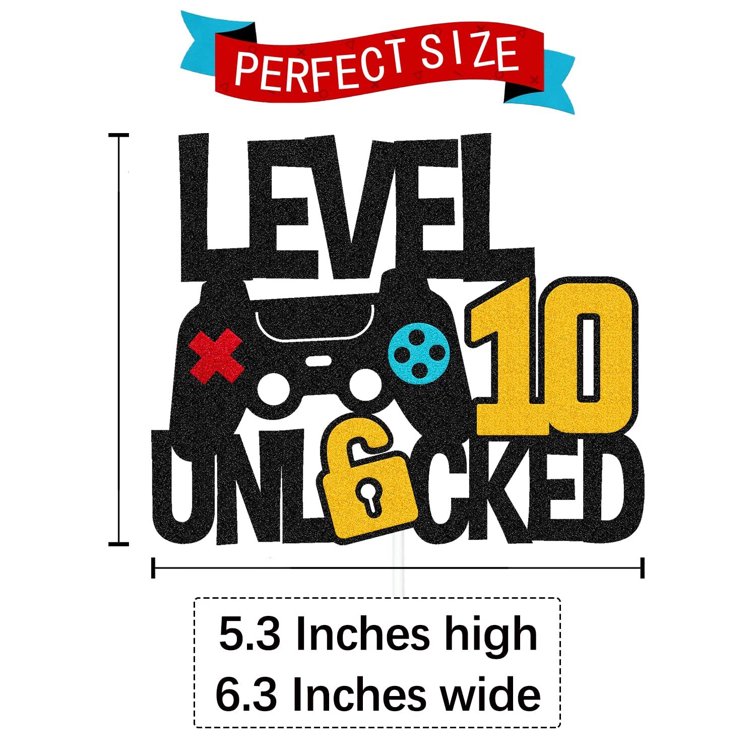 Level 10 Unlocked Cake Topper - Electronic Games Theme, Black Gold Red Blue Glitter, For 5-11 Inch Cakes