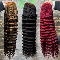 Wig rambut manusia Remy Brazilian Deep Wave tanpa lem, dengan lace depan transparan HD 13x4, kepadatan 250%, untuk wanita kulit hitam