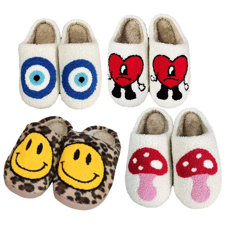 Wholesale Cute fuzzy Mushroom Heart Evil Eye Bad Bunny Slippers Slides Ladies Winter Indoor Flat Warm Smiley Face Slippers