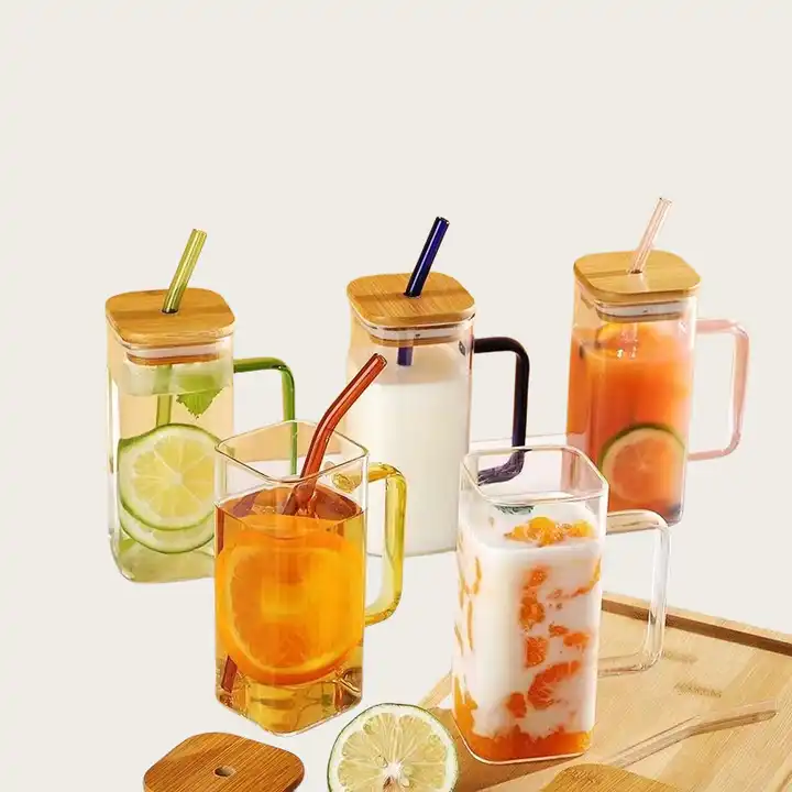 400ml TikTok Trending Square Glass Cup with Bamboo Lids and Glass