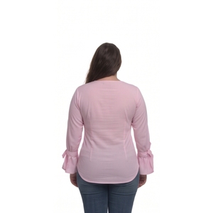 <b>Women's</b> Pink Knitted <b>Blouse</b> Embroidery <b>Long</b> Bell Sleeves Crew Neck Regular Fit 100% Cotton Sweet Vintage Style Spring Summer - Product Image 3