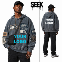 SEEK Sweat à capuche unisexe vierge patchwork brodé 420GSM épais délavé bleu-gris coupe droite épaules tombantes Printemps