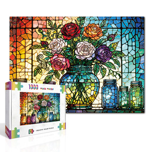 Puzzle de roses en vitrail 1000 pièces, finition mate en couleur, jouet éducatif en carton - Product Image 2