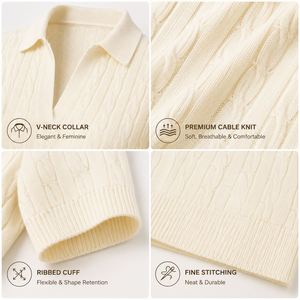 Fine Gauge Cotton Collared <b>Woman</b> Cable Knit Open <b>Collar</b> Short Sleeve Soft Breathable Elegant Fit Smart Casual Premium Top - Product Image 3