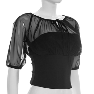 Viviblook Y26TP228 Haut décontracté pour femme, nouveau modèle d'été, sexy, en maille, col rond, manches courtes, patchwork - Product Image 2
