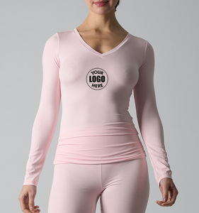 T-shirt pour femme à col en V, coupe ajustée, 81% modal, 19% élasthanne, haute extensibilité, logo imprimé, manches longues, t-shirts unis - Product Image 1