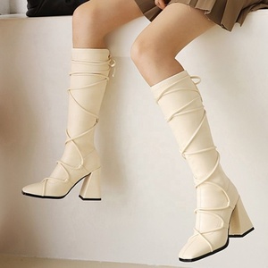 Bottes à talons épais croisées pour femme, grande taille 46, à bout carré, hauteur genou, chaussures d'hiver pour femme, à lacets - Product Image 1