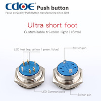 Interrupteur à bouton-poussoir momentané étanche IP67, 1NO, vert, 12V, en acier inoxydable, à course courte, 16mm, pour équipement de café