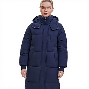 Parka Larga Acolchada para Mujer, con Capucha, Manga Larga, Color Azul Marino Sólido, Abrigo Cálido de Invierno con Cierre de Cremallera, Relleno Grueso de Fibra de Poliéster - Product Image 1