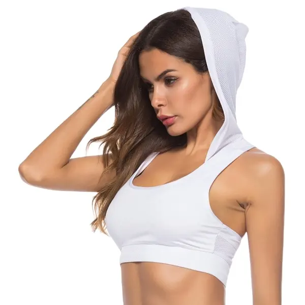 Beyaz artı boyutu yüksek darbe kolsuz polyester spandex kapüşonlu kırpma üst kazak fitness salonu hoodie gömlek bayan spor sütyen