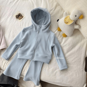 Tongxingyuan Girls' Hooded Zipper Sweatshirt Set Thickening Cotton Solid Color Two-Piece Outfit Autumn Winter Kids Clothing - Product Image 2