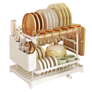 Escurridor de Platos Multifuncional de 2 Niveles, Resistente al Óxido, Ahorra Espacio, Color Rosa, con Bandeja de Drenaje para la Encimera de la Cocina - Product Image 2