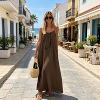 Robe longue en polyester pour femme, col licou, sans manches, dos nu, bretelles à nouer, couleur unie, coupe ample, qui flattere la silhouette