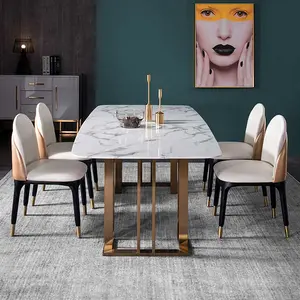북유럽 스타일 저렴한 가격 대리석 상단 패널 테이블과 의자 Dinning 룸 가구 철 프레임 식탁 세트