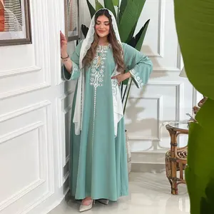 Dubai Muslim Robe Middle East Arabic Fashion Embroidery Long Sleeves Evening Dress Jalabiya Modest Hijab Kaftan Abaya