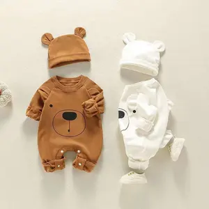 Jumpsuit Bayi Musim Semi Musim Gugur 2022 Romper Cetakan Beruang Topi Overall Anak-anak 2 Potong Pakaian Lengan Panjang Pakaian Bayi Baru Lahir
