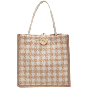 Hot Selling Reusable Eco-friendly Grocery Shopping Bags Burlap Canvas Beach Jute Totes with Houndstooth Letter Design