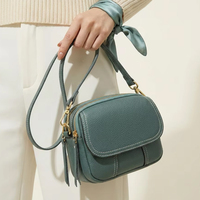 Tas Ponsel Kulit Asli Grade Atas untuk Wanita, Jahitan Kontras, Kulit Bertekstur, Multi Ritsleting, Selempang, Dompet Bahu Kecil Bermuka Lipat