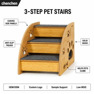 <span class=keywords><strong>Escalier</strong></span> <span class=keywords><strong>pour</strong></span> animaux de compagnie en bois à 3 marches, panneaux latéraux incurvés, marches antidérapantes en feutre, découpe motif patte, bois massif, charge 20 kg, <span class=keywords><strong>pour</strong></span> chats, chiens, canapé - Product Image 1