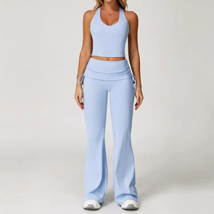 Ensemble de yoga 3 pièces de haute qualité pour femme, avec logo personnalisé, effet seconde peau, soutien-gorge de sport et leggings taille haute à revers - Product Image 4